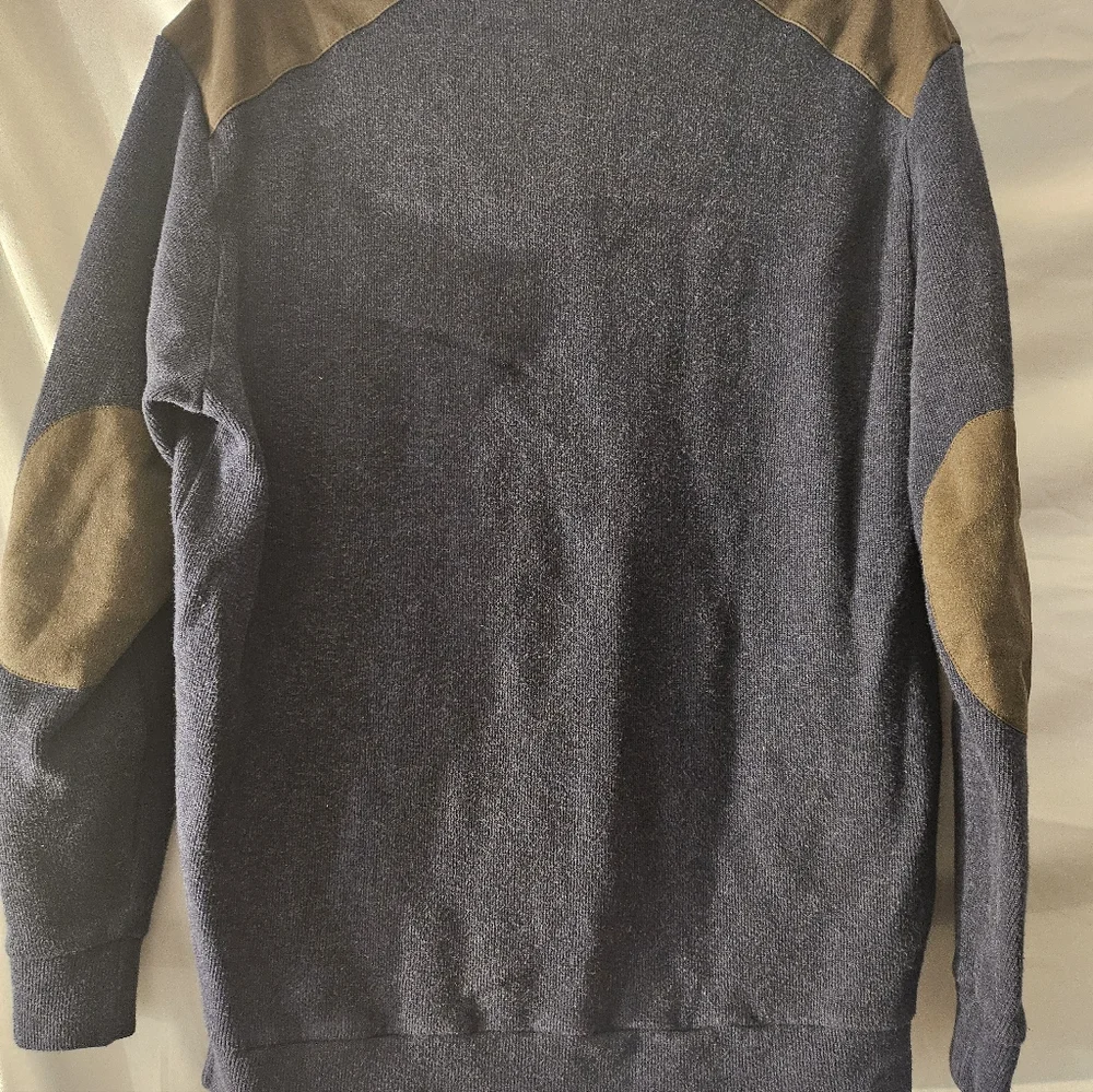 Cremieux Men's Blue 1/4 Button‎ Mock Neck shoulder Patch Pullover Sweater M